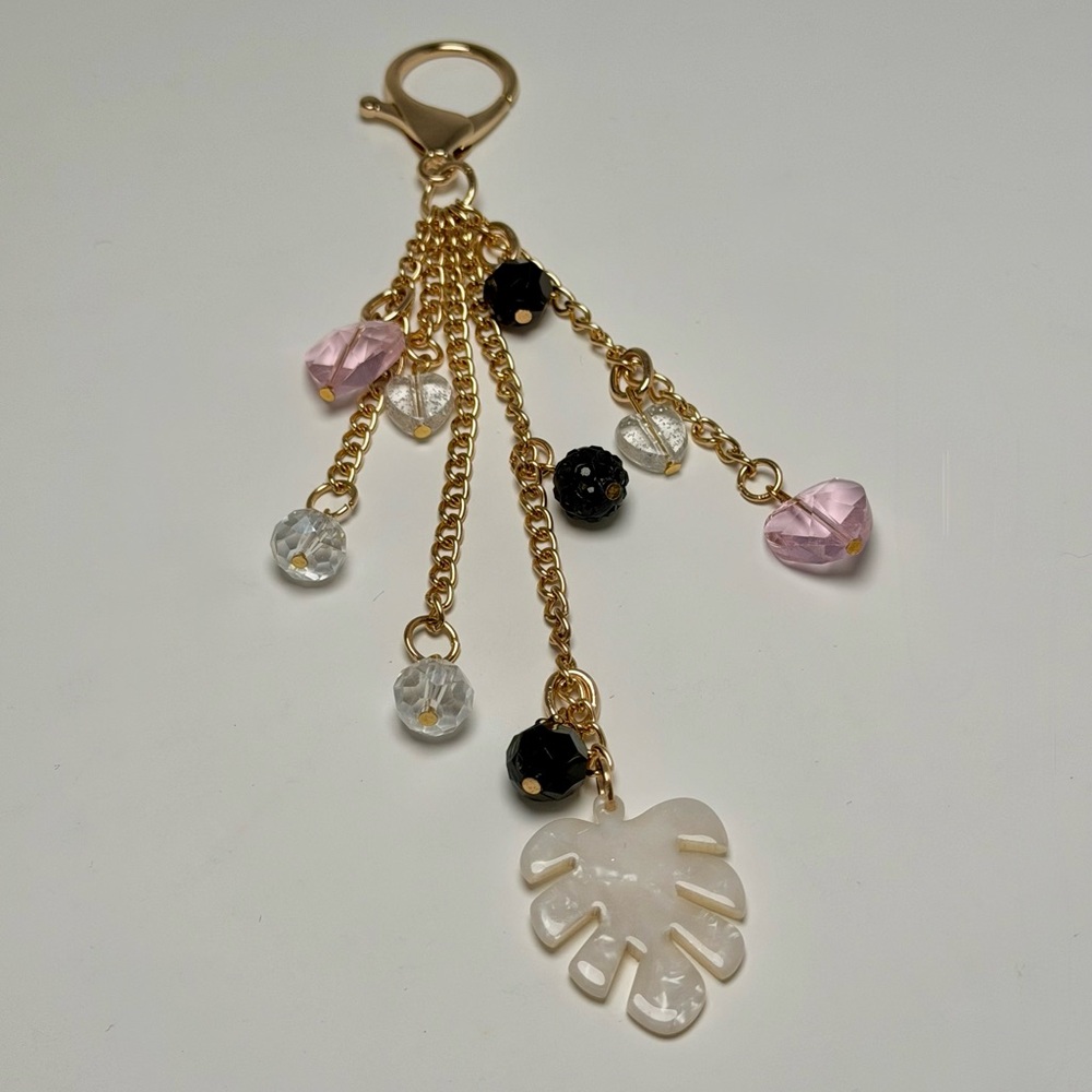 Gold Leaf Heart Beaded Key Chain Pink Black Acrylic Accent for Women - Picture 6 of 8